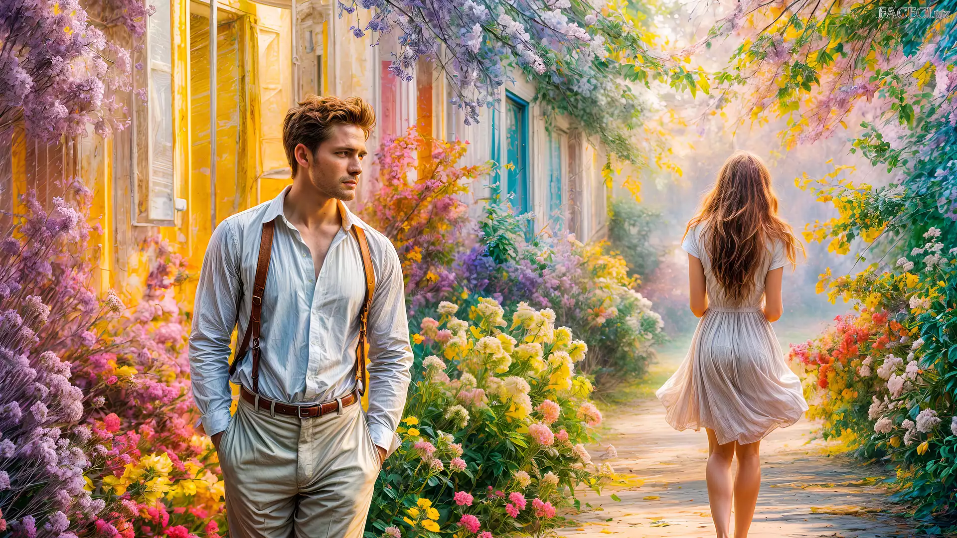 Grafika, Ogród, Kobieta, Mężczyzna, Ścieżka, Domy