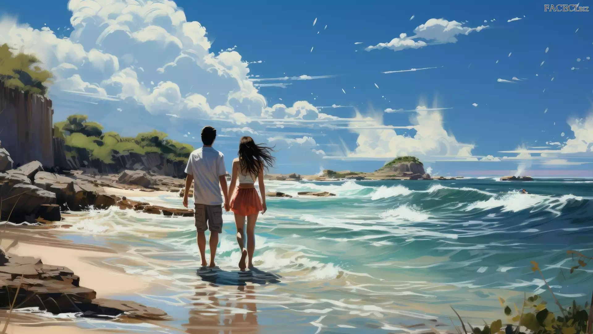 Para, Mężczyzna, Fale, Grafika, Lato, Skały, Plaża, Kobieta, Morze